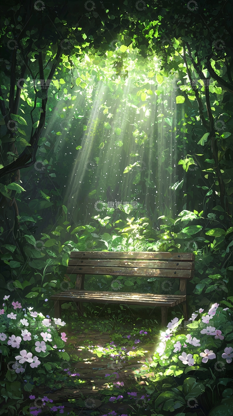 高清大图下载【趣麦麦图】阳光透过树叶洒在长椅上的宁静场景