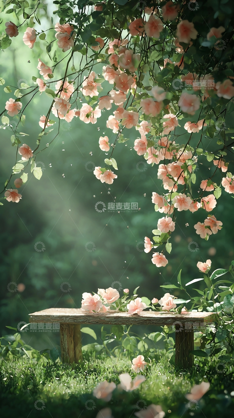 高清大图下载【趣麦麦图】粉色花藤下的木凳