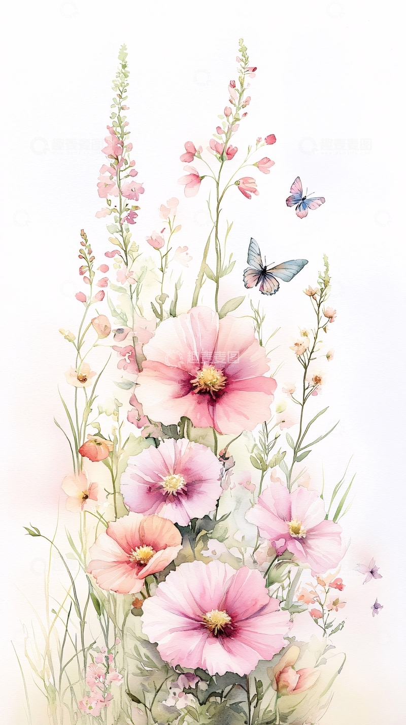 高清大图下载【趣麦麦图】粉色花朵与蝴蝶插画背景