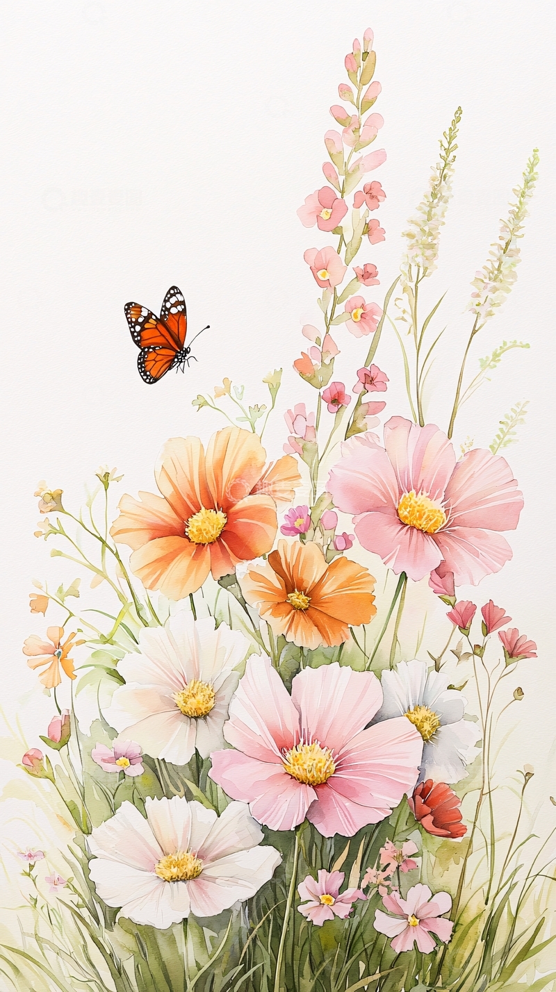 高清大图下载【趣麦麦图】蝴蝶与野花的春天画卷