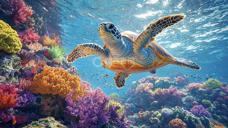 高清大图下载【趣麦麦图】海龟与五彩斑斓珊瑚礁