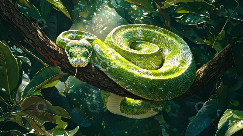 高清大图下载【趣麦麦图】绿色树蟒在森林中的特写