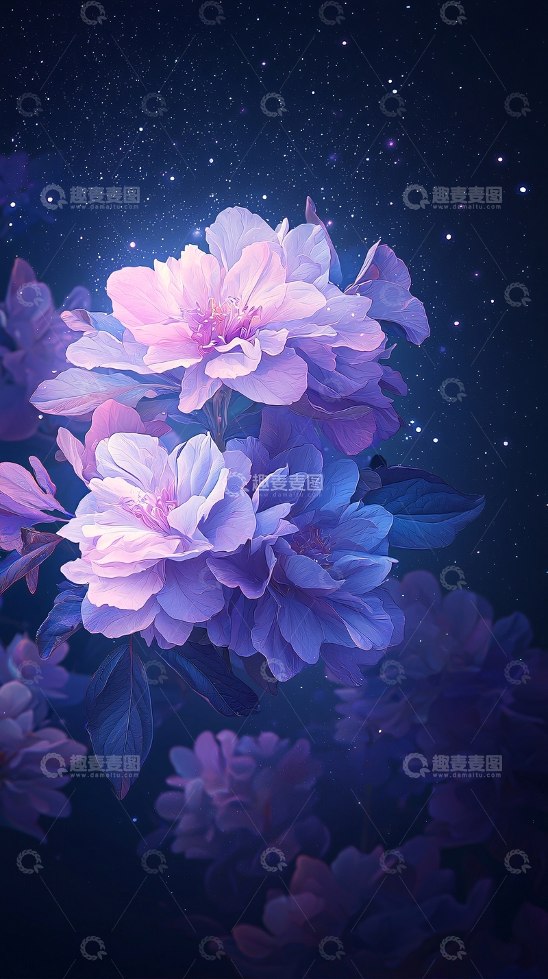高清大图下载【趣麦麦图】梦幻星空下的紫色花朵