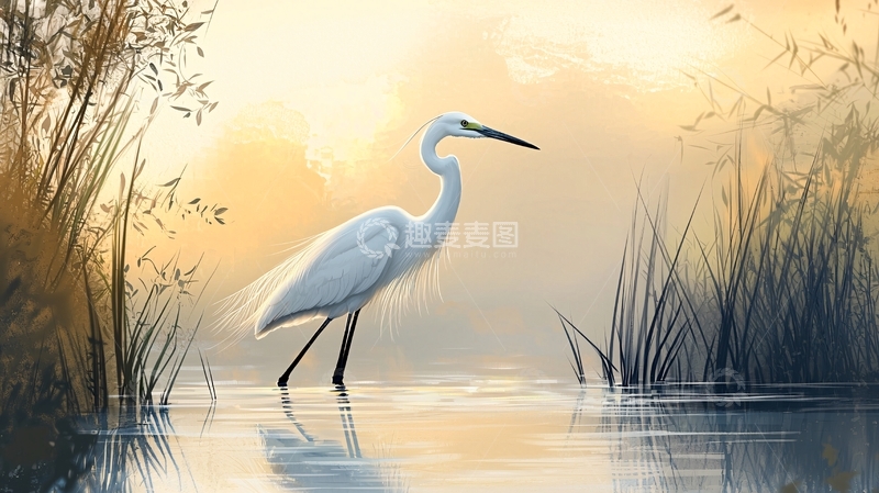 高清大图下载【趣麦麦图】晨光中的白鹭