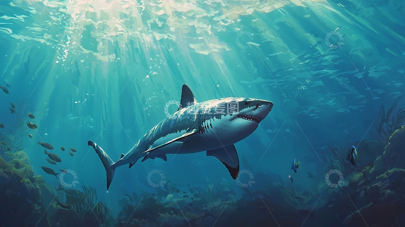 高清大图下载【趣麦麦图】深海鲨鱼与珊瑚礁