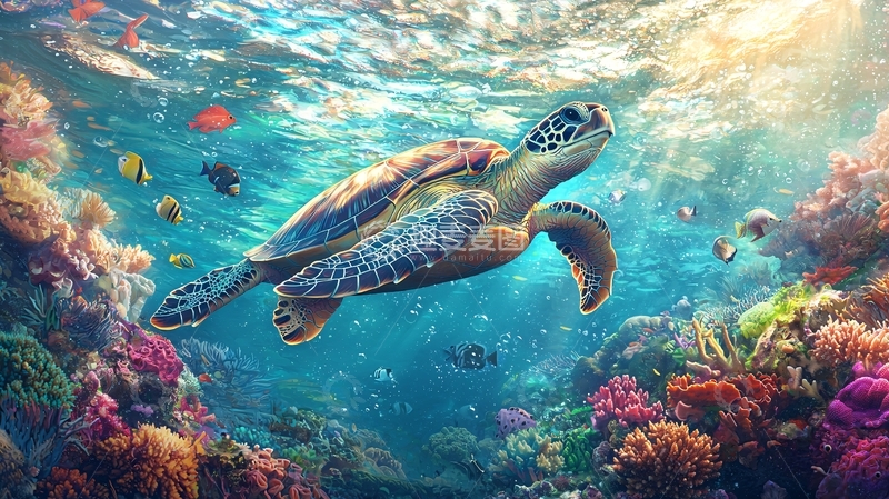 高清大图下载【趣麦麦图】海底世界海龟珊瑚礁