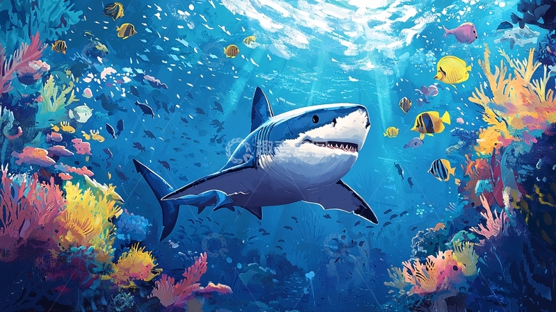 高清大图下载【趣麦麦图】深海鲨鱼与珊瑚礁