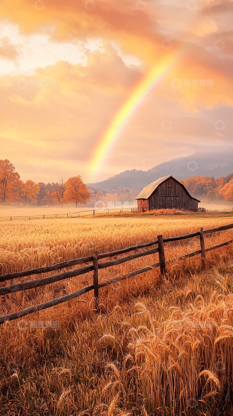 高清大图下载【趣麦麦图】秋日彩虹下的乡村风景
