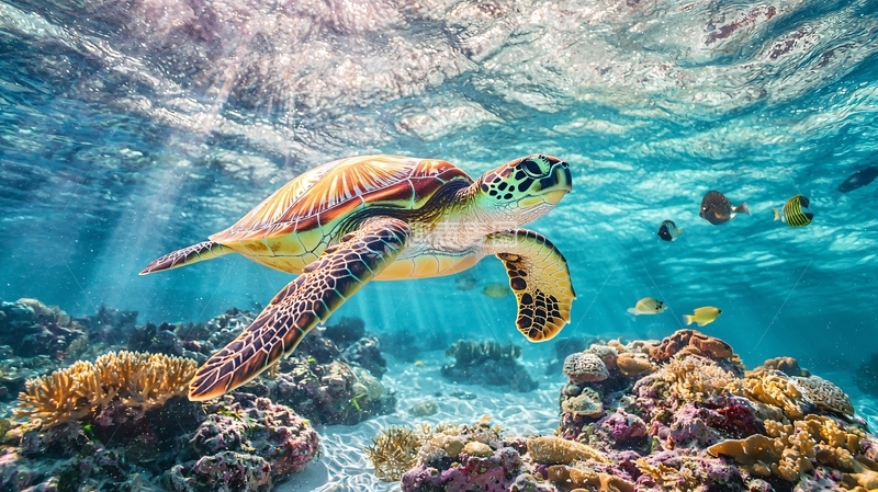 高清大图下载【趣麦麦图】海龟与珊瑚礁下的海洋生物