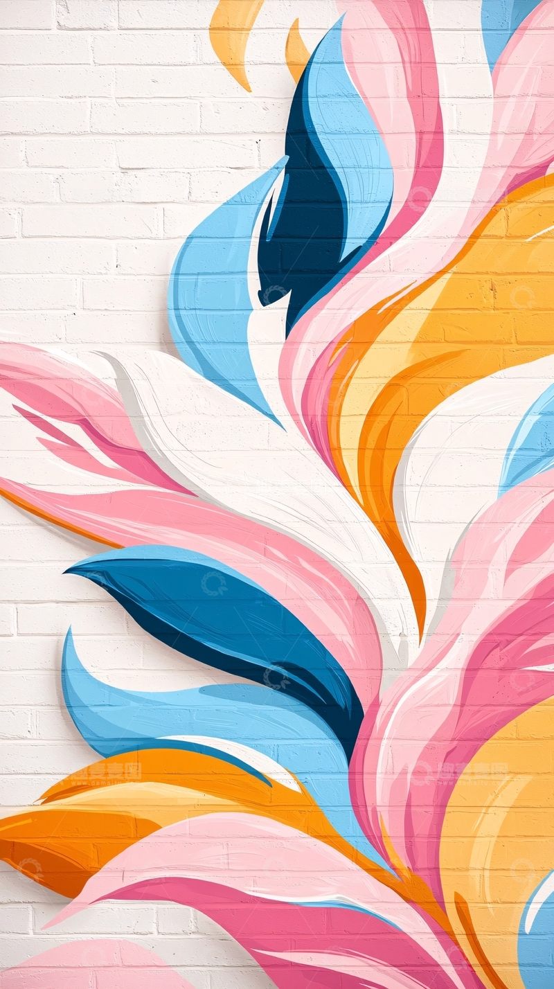 高清大图下载【趣麦麦图】砖墙上的抽象花卉涂鸦艺术
