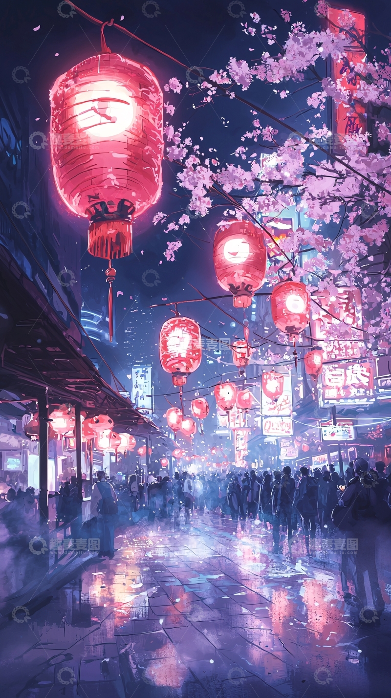 高清大图下载【趣麦麦图】樱花夜市灯笼街道