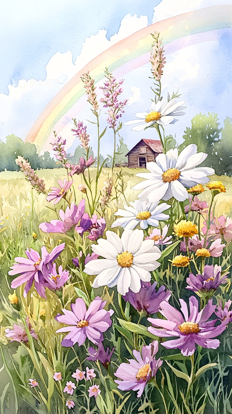 高清大图下载【趣麦麦图】彩虹下的田野花朵风景画