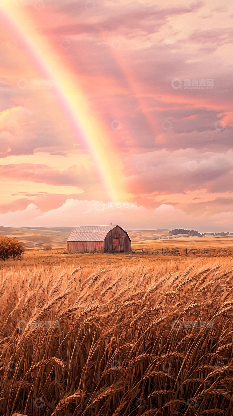 高清大图下载【趣麦麦图】彩虹下的麦田与老谷仓