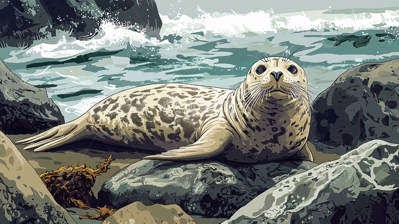 高清大图下载【趣麦麦图】海豹休息在岩石上的插画