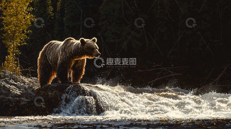 高清大图下载【趣麦麦图】森林中的熊与瀑布