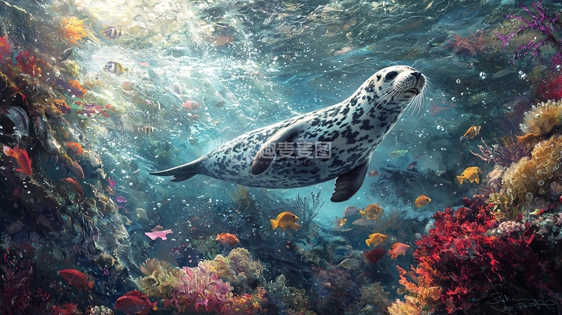 高清大图下载【趣麦麦图】海豹与珊瑚礁下的海洋世界