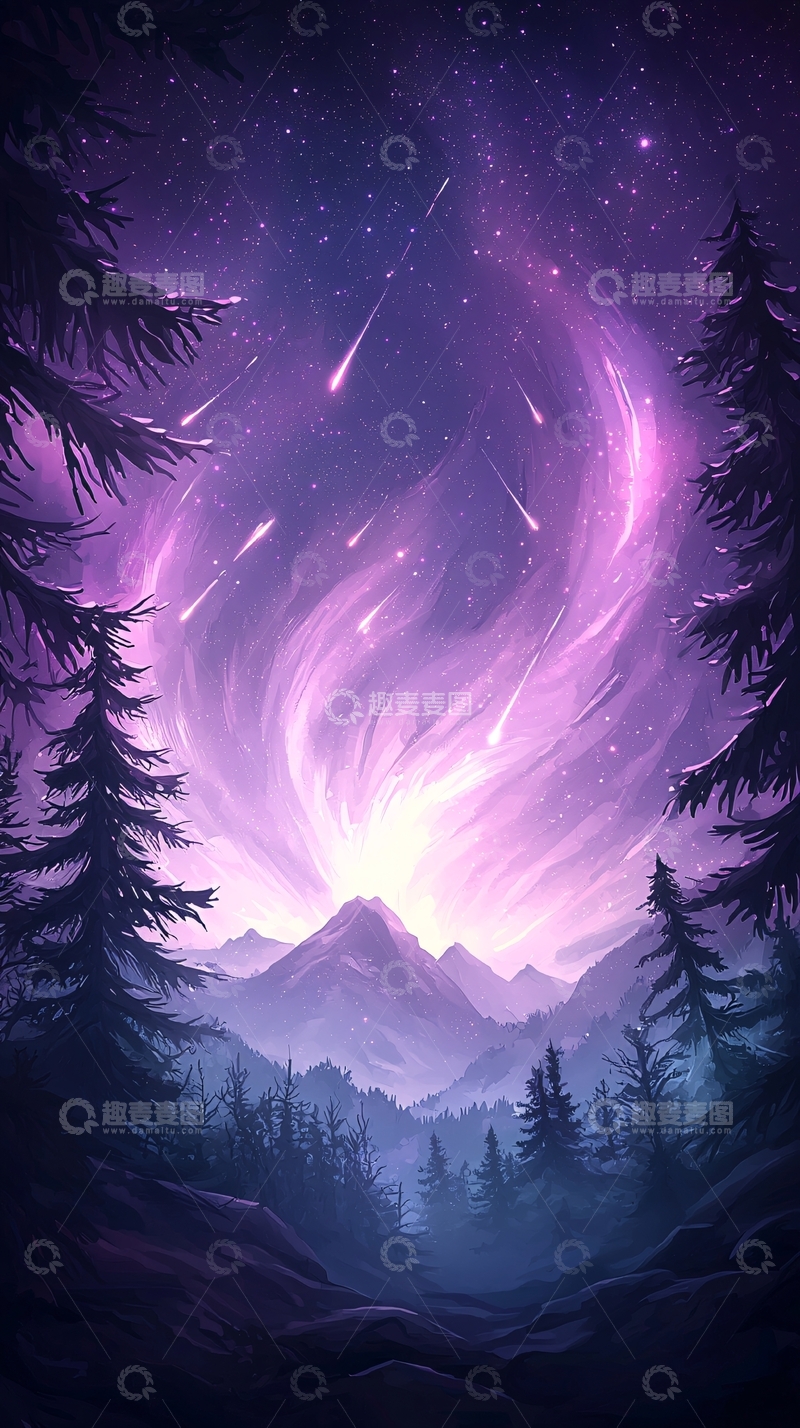 高清大图下载【趣麦麦图】紫色星空下的山林夜景