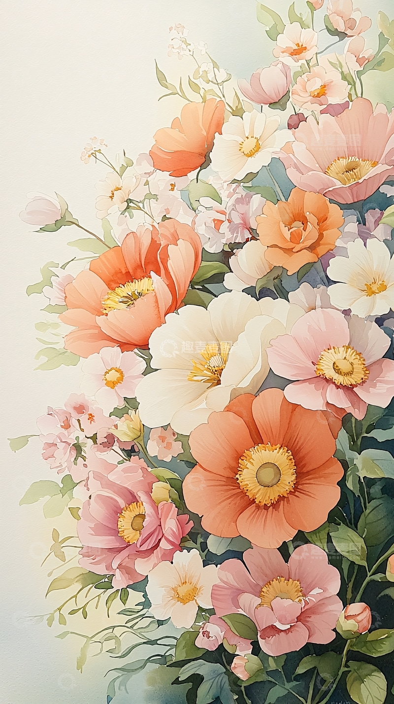 高清大图下载【趣麦麦图】粉橙色花卉手绘插画背景