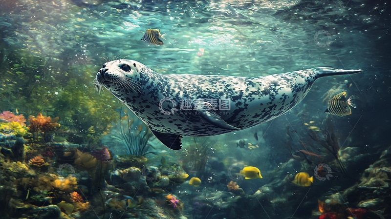 高清大图下载【趣麦麦图】海豹与珊瑚礁下的热带鱼