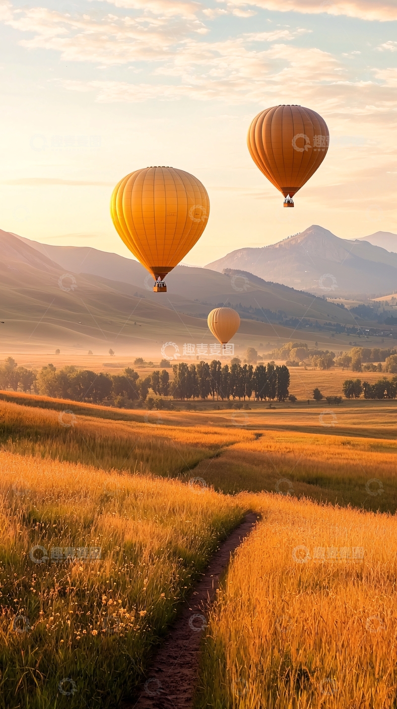 高清大图下载【趣麦麦图】热气球日落田野风景