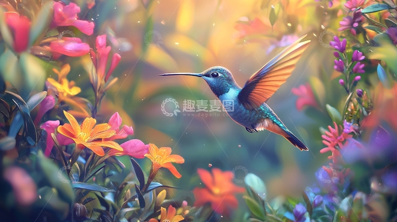 高清大图下载【趣麦麦图】蜂鸟与绚烂花朵