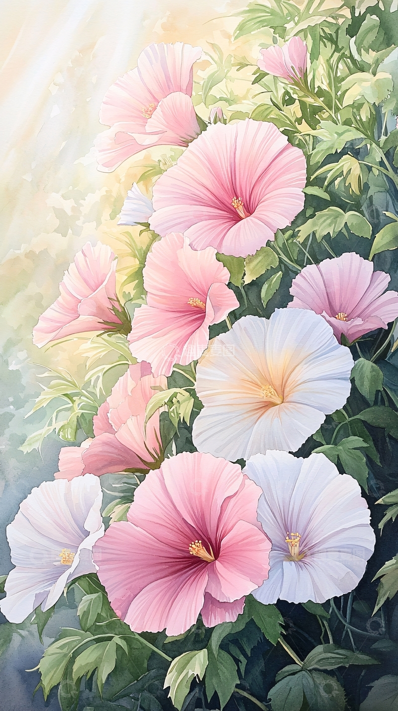 高清大图下载【趣麦麦图】粉色花朵与绿色植物的艺术画