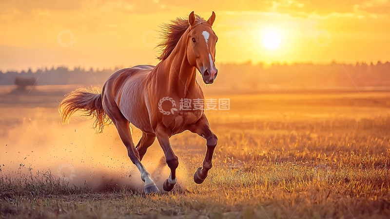 高清大图下载【趣麦麦图】夕阳下奔跑的骏马