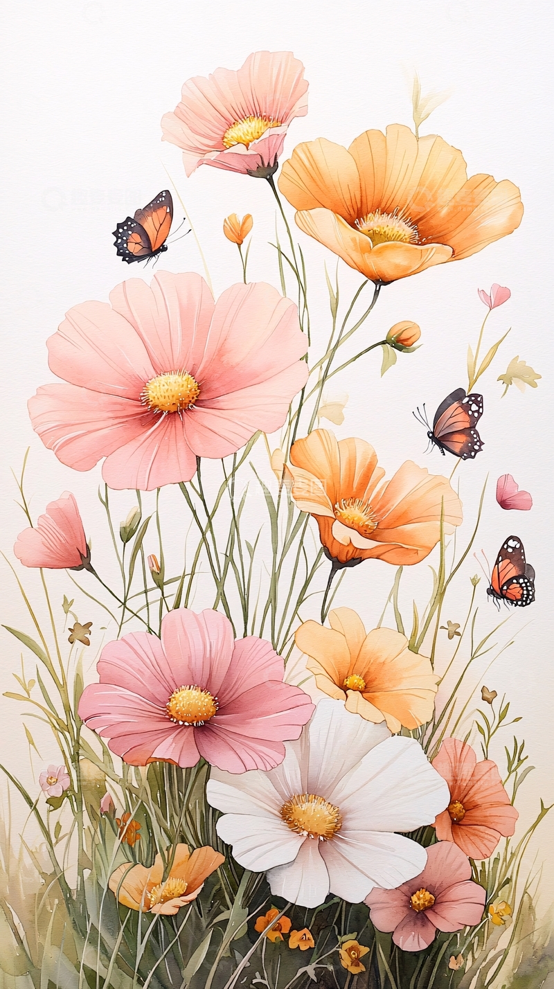 高清大图下载【趣麦麦图】粉橙色花朵与蝴蝶插画