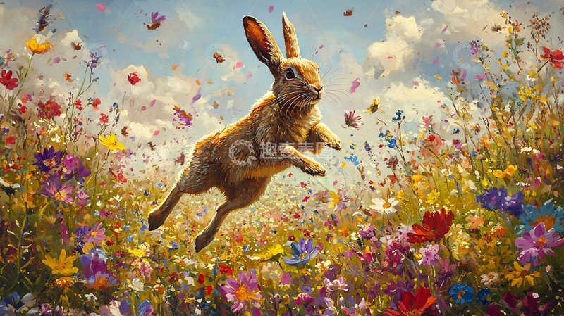 高清大图下载【趣麦麦图】奔跑的兔子在花海中
