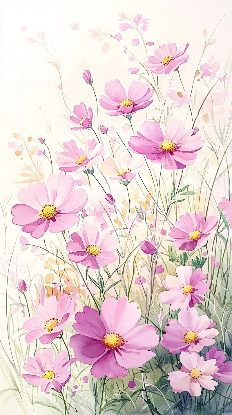 高清大图下载【趣麦麦图】粉紫色花朵手绘插画背景