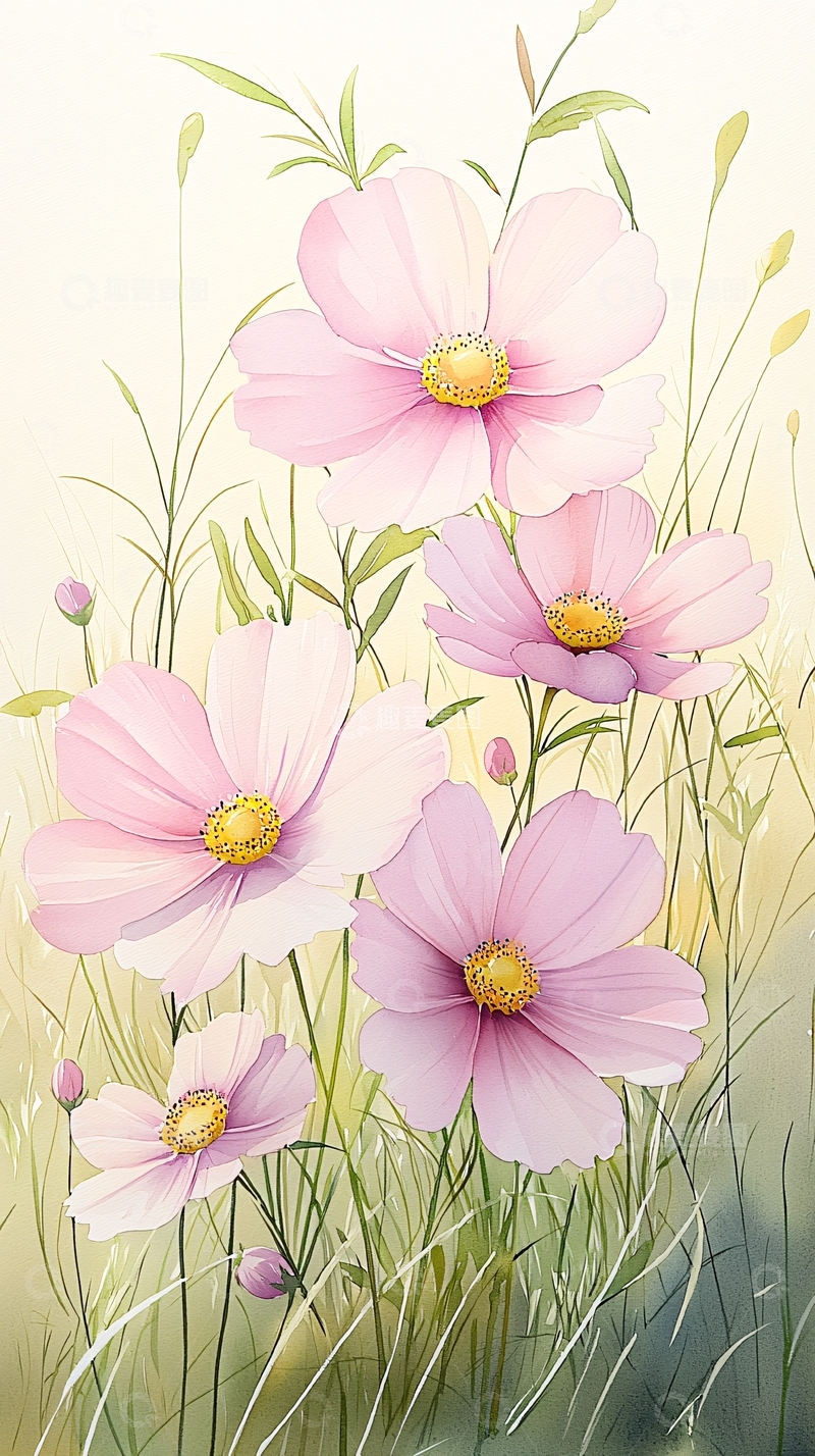 高清大图下载【趣麦麦图】粉色花朵手绘插画背景图