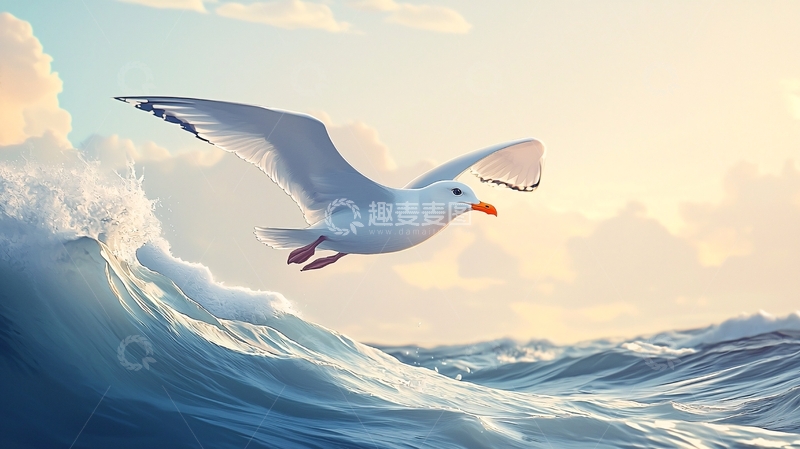 高清大图下载【趣麦麦图】海鸥与波浪的飞翔