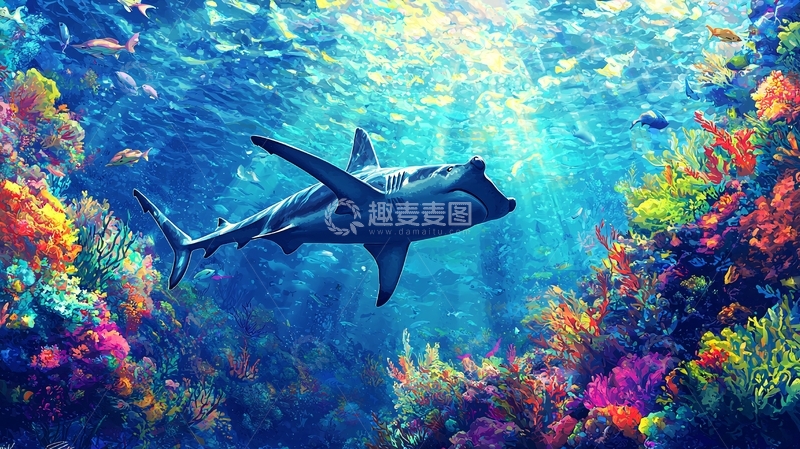 高清大图下载【趣麦麦图】深海鲨鱼与五彩珊瑚礁