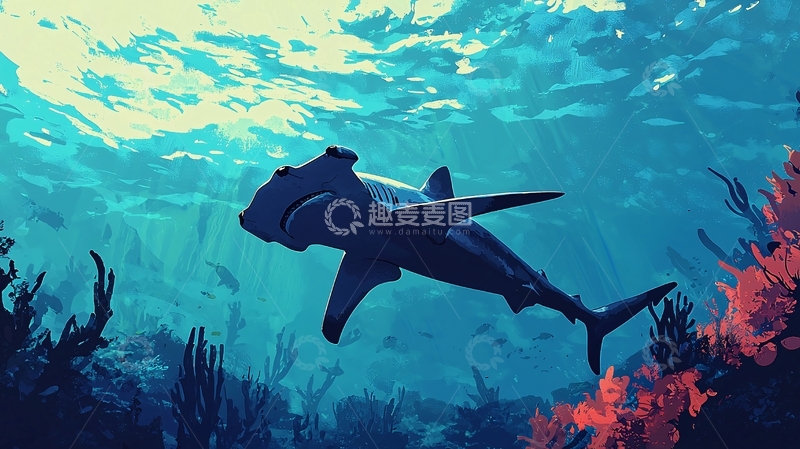 高清大图下载【趣麦麦图】深海锤头鲨与珊瑚礁