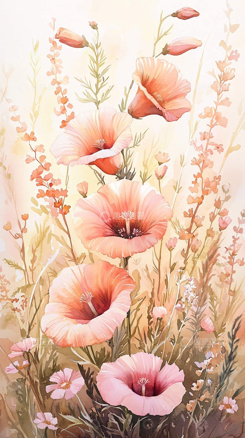 高清大图下载【趣麦麦图】粉红色花朵与野草背景插画