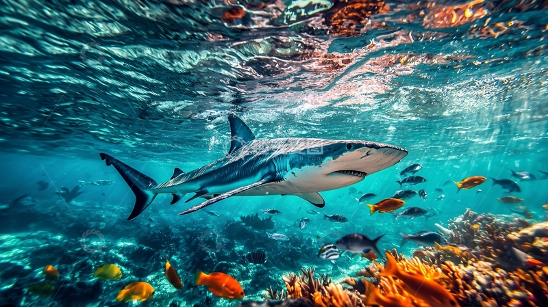 高清大图下载【趣麦麦图】深海鲨鱼与珊瑚礁下的热带鱼群