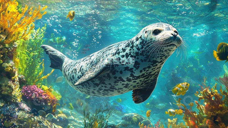 高清大图下载【趣麦麦图】海豹与珊瑚礁下的热带鱼