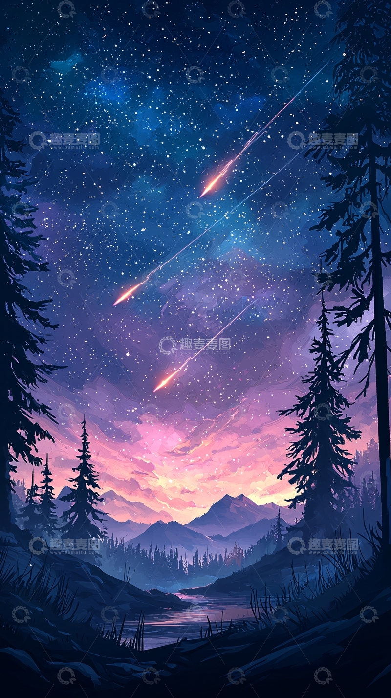 高清大图下载【趣麦麦图】流星雨下的森林夜景
