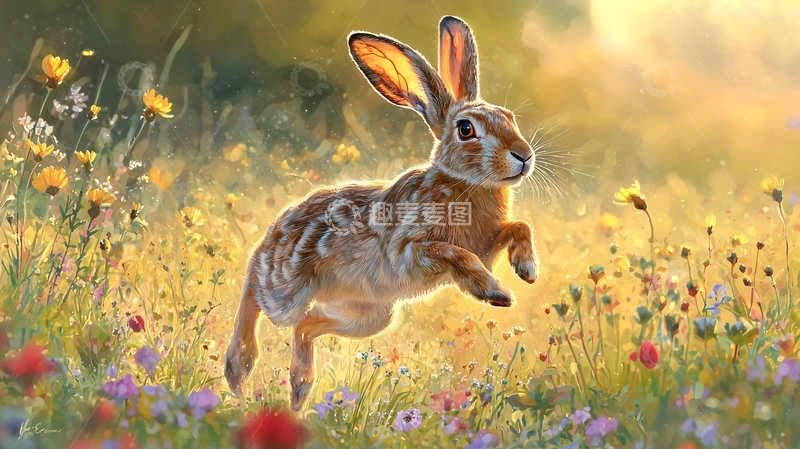 高清大图下载【趣麦麦图】奔跑的兔子在花丛中