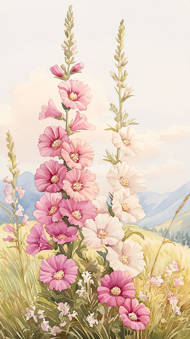 高清大图下载【趣麦麦图】粉色花朵与蓝天白云背景