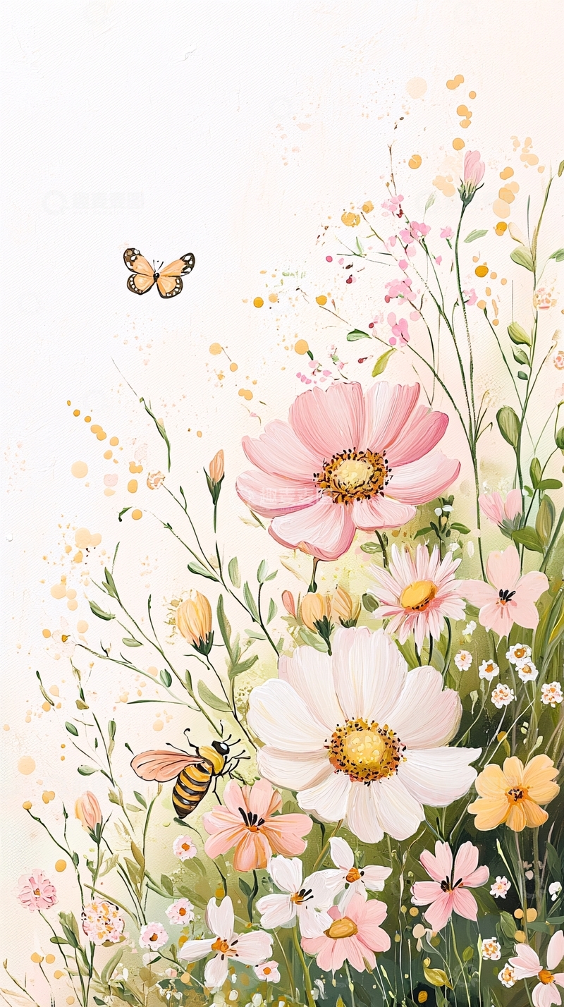 高清大图下载【趣麦麦图】夏日花海蜜蜂蝴蝶插画