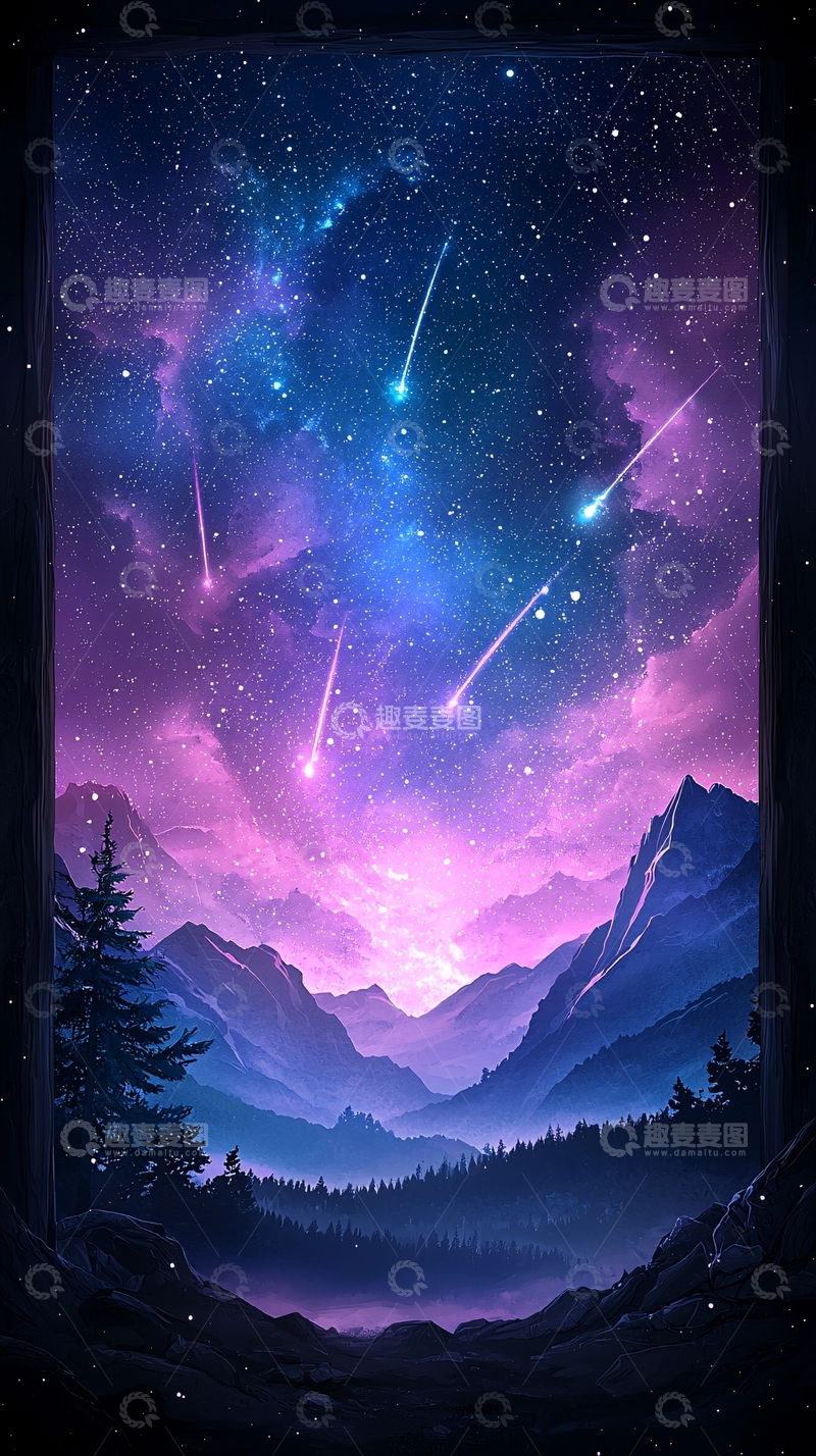 高清大图下载【趣麦麦图】梦幻星空下的山林夜景