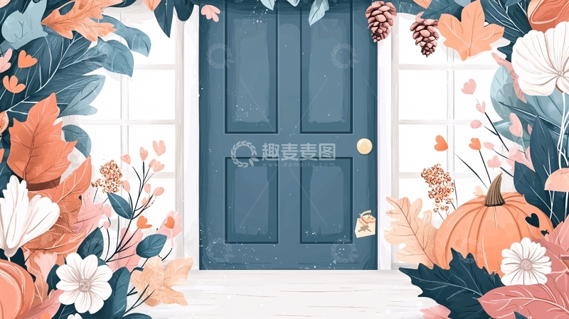高清大图下载【趣麦麦图】秋日门廊装饰插画