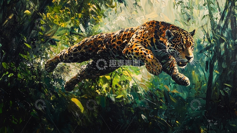 高清大图下载【趣麦麦图】丛林中的豹子跳跃瞬间