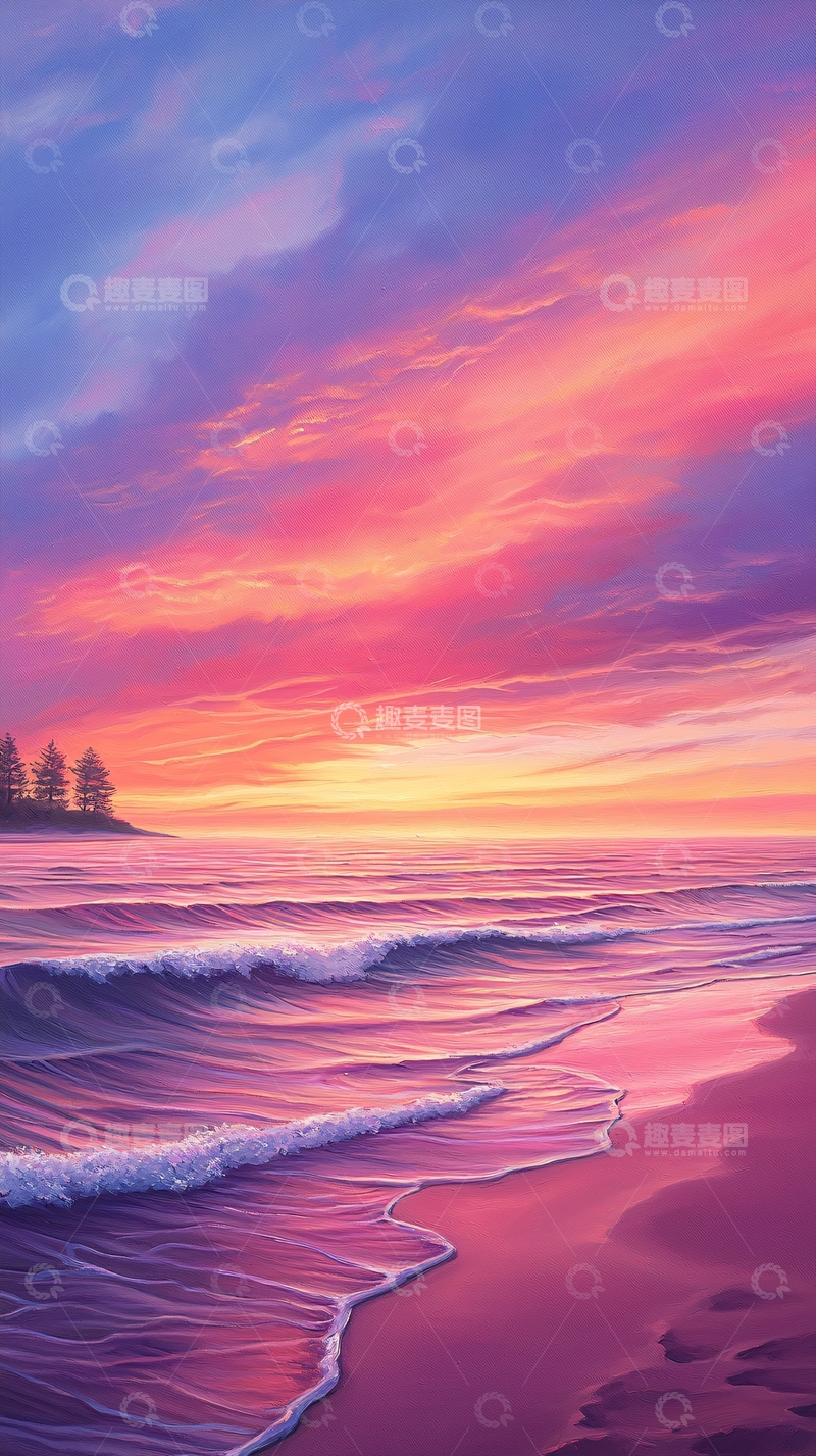 高清大图下载【趣麦麦图】日落海滩风景画
