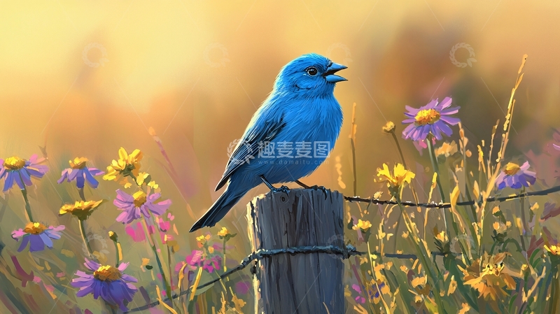 高清大图下载【趣麦麦图】蓝色小鸟与野花的和谐场景