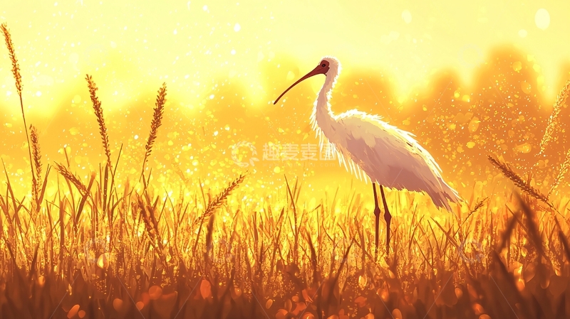 高清大图下载【趣麦麦图】夕阳下的白鹮与麦田