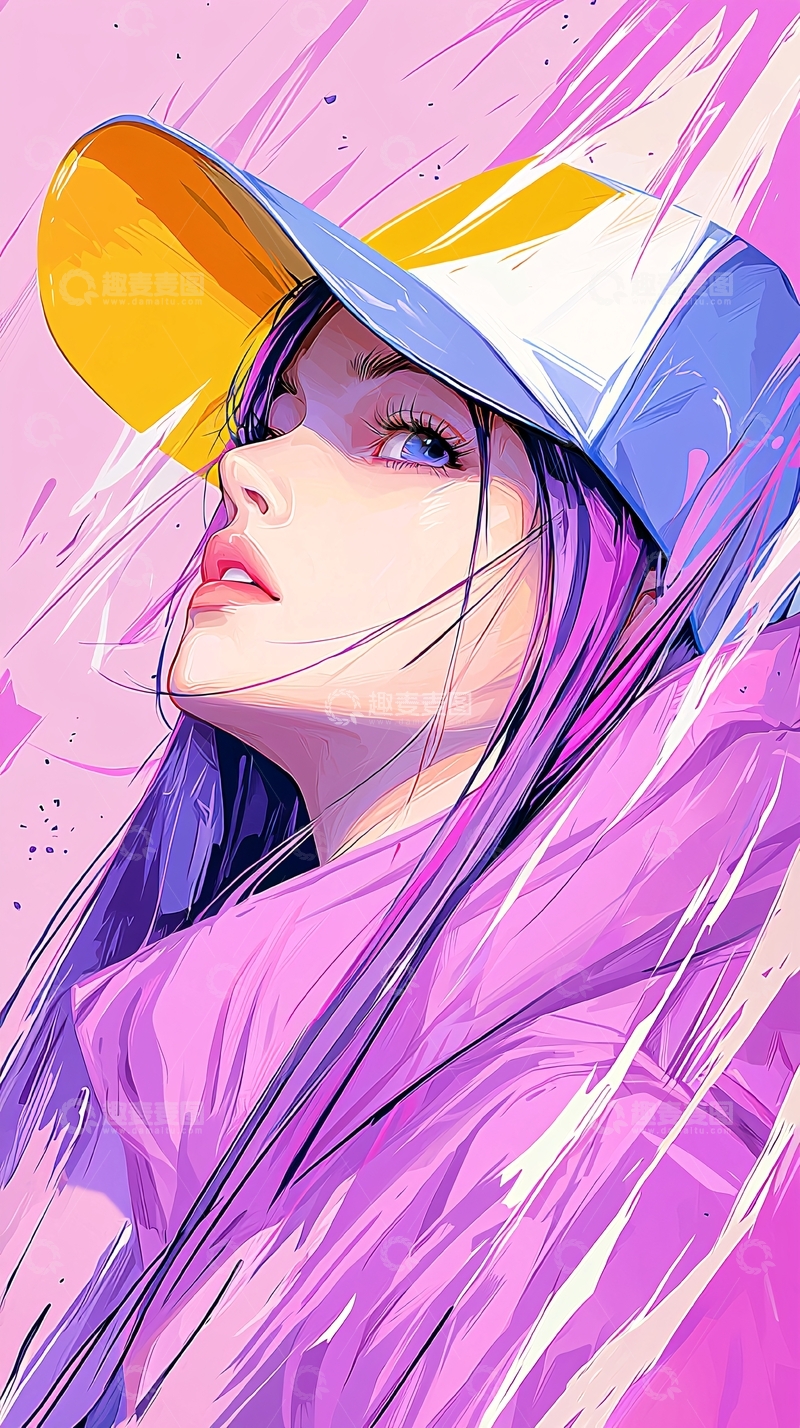 高清大图下载【趣麦麦图】紫色风衣与黄色帽子的时尚女孩