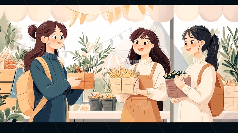 高清大图下载【趣麦麦图】市场上的购物体验插画