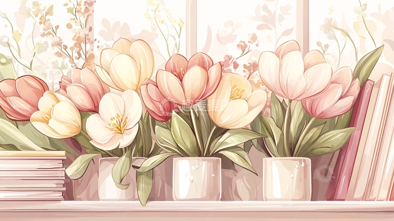 高清大图下载【趣麦麦图】春日窗台上的郁金香花束